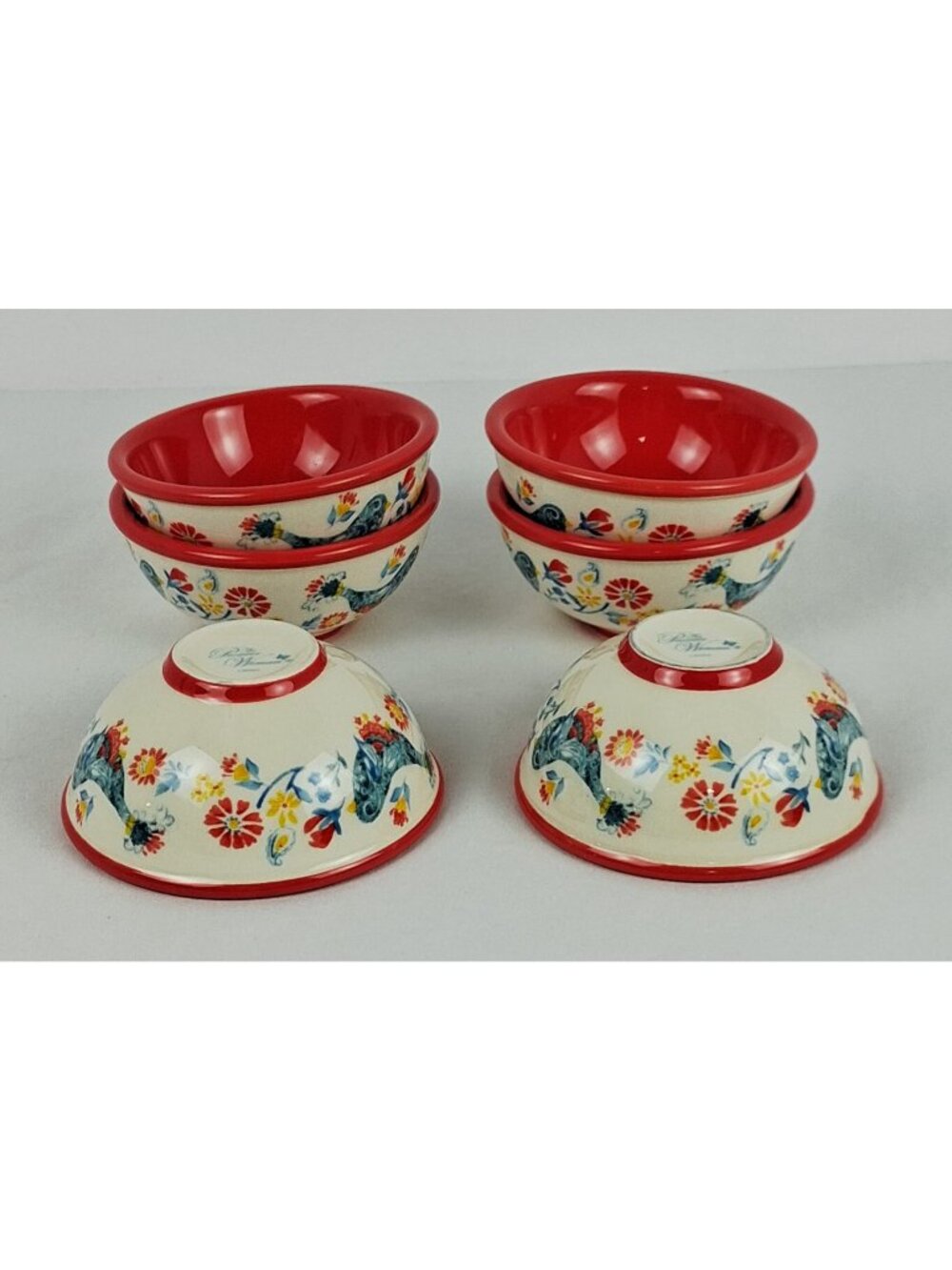 Pioneer Woman Mazie Red Stoneware 3.1" Dip Bowls Set Of 6 Floral & Bird Design